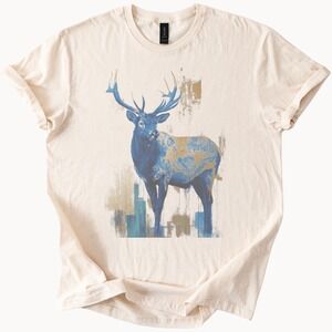 Blue Deer Graphic Tee Abstract Art Design Modern Wildlife Shirt